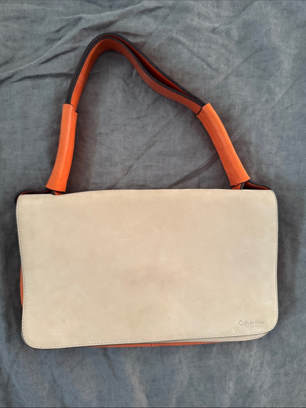 Calvin Klein Collection Ivory Suede & Orange Leather Crossbody Bag